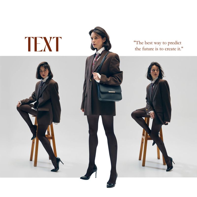 The same female model in brown oversized jacket, heels and tights, captured in three poses on a minimalist background with text elements. Modern business look. Concept of fashion, trends. Banner