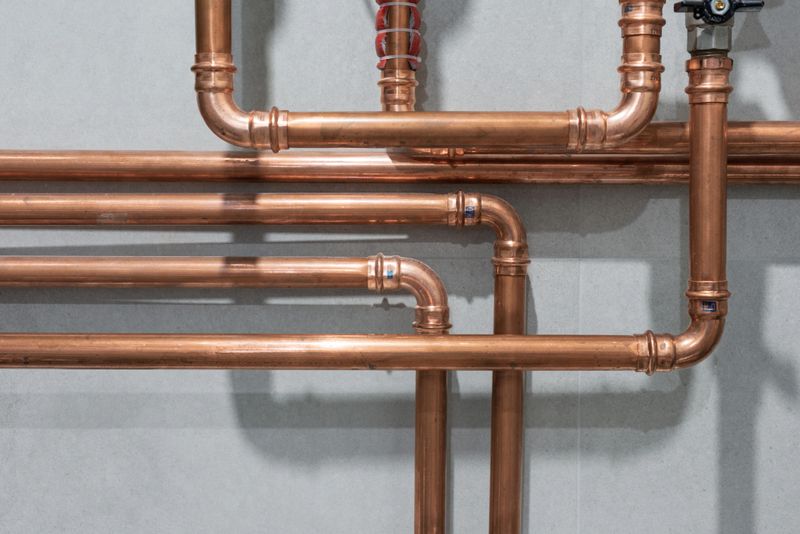 Cooper pipes connected with pressed or crimped fittings create an industrial pattern on grey tiled wall background