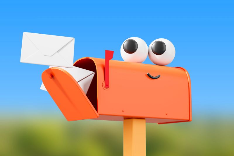 Orange mailbox with cartoon eyes and a smile, holding white envelopes. Bright blue sky and green blurred background. Concept of cheerful communication. 3D Rendering