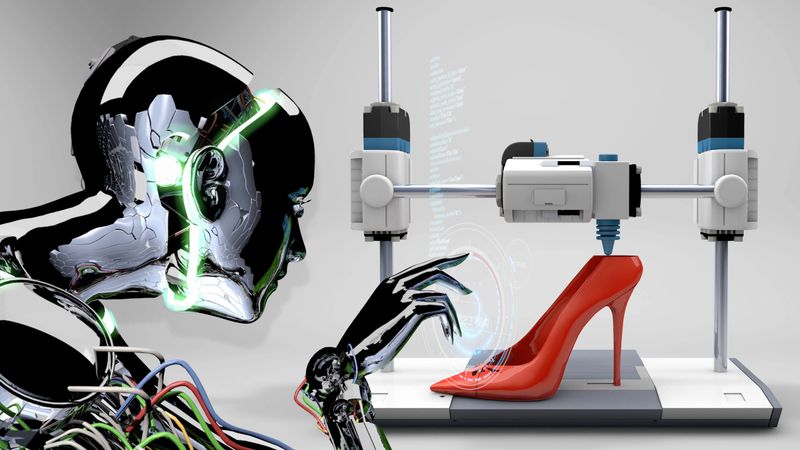 An artificial intelligence robot prints a high heels using a high-tech, super-fast 3D printer. / You can see the animation movie of this image from my iStock video portfolio. Video number: 2193642108