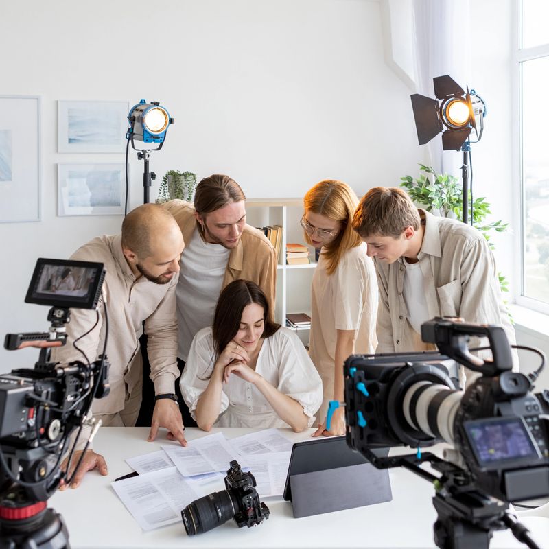 Behind scene. Colleague document. Art team looks documents at table front cameras. Collaboration work joint project in photo studio.