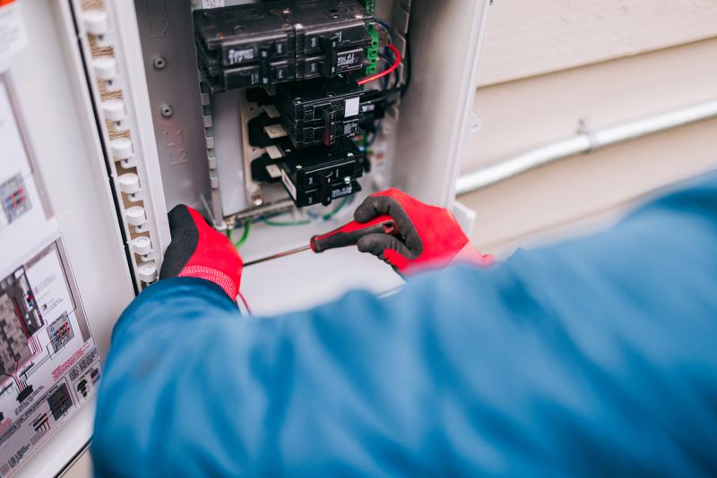 A Solar Energy Technician works on wiring and connections on an electrical breaker box on the exterior of a home for a solar panel installation.