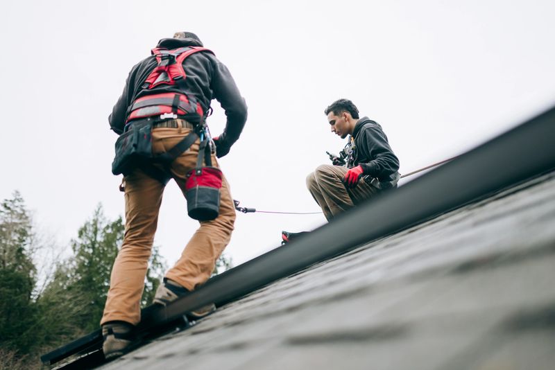 Workers install a solar panel system on the roof of a home in a residential neighborhood.  Clean, environmentally friendly energy.  Shot in Washington state, USA.