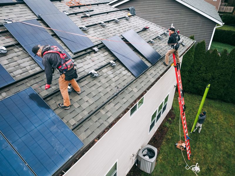 A high angle drone point of view of workers installing solar panel array on the roof of a home in Washington state, USA.  Clean, green, environmentally friendly energy.