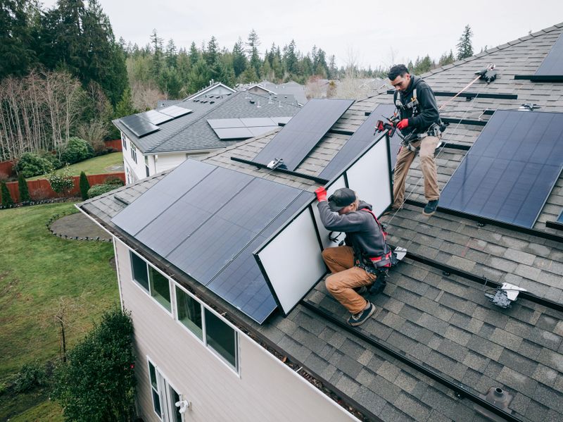 A high angle drone point of view of workers installing solar panel array on the roof of a home in Washington state, USA.  Clean, green, environmentally friendly energy.