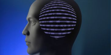 Human head with binary code sphere inside.
