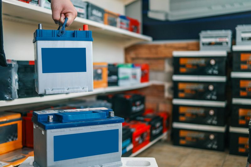 A person holding an automotive battery by its blue handle above another battery on a white surface. Shelves with car batteries and tools visible in the background.