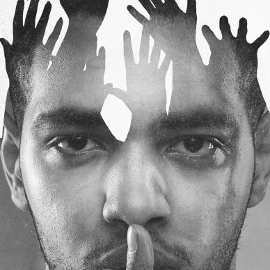 Man's face with hands silhouette overlay and finger on lips.
