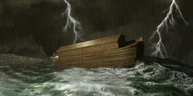 Wooden ark battling stormy seas with lightning and rain.