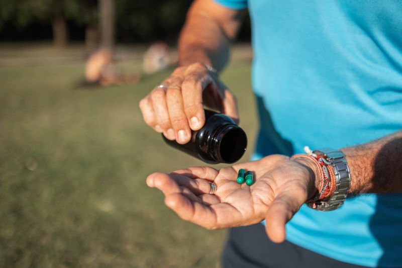 A person pours capsules from a medicine bottle while outdoors in a park, emphasizing health and self-care.