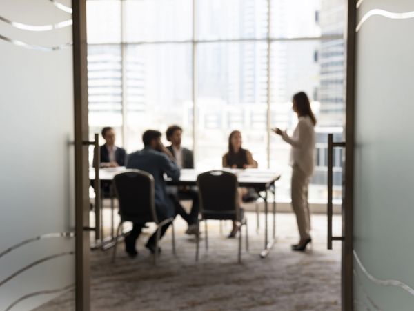 A businesswoman presenting to colleagues in a modern office meeting room.