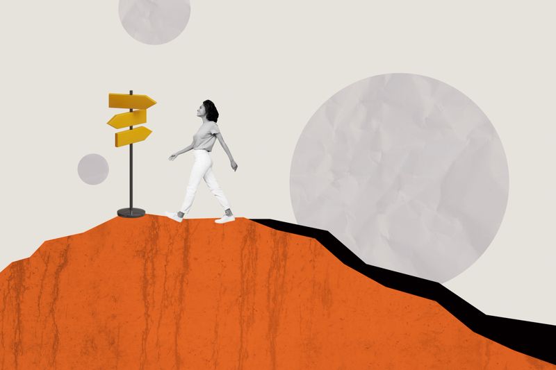 Creative collage photo young woman walk forward lost road signpost indicator choose way direction pointer drawing background.