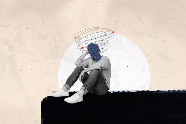 A person sits with a swirling, chaotic pattern around their head, symbolizing confusion or stress.