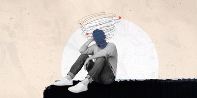 A man who may or may not be experiencing anxiety, but has a cartoonish tornado around his head.