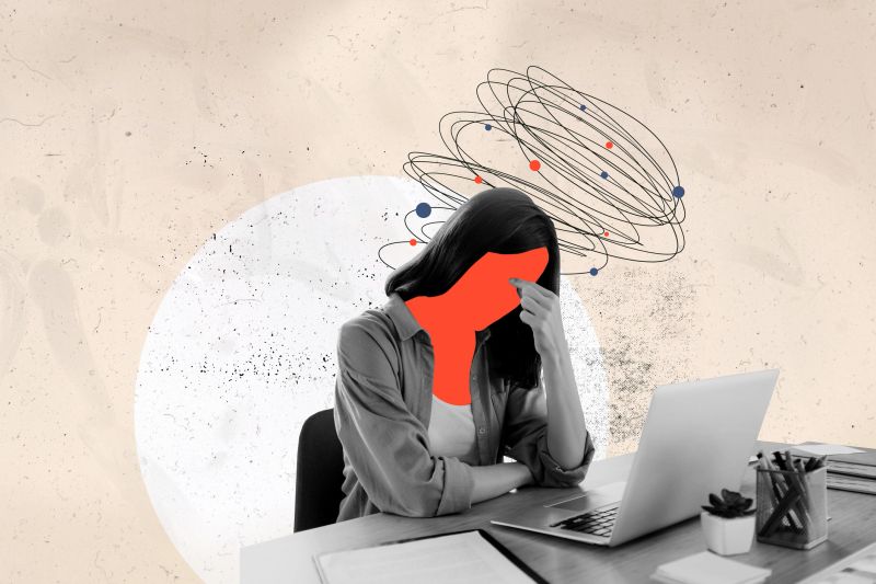 Trend artwork 3D photo collage sketch image of young sad stressed lady with headache burnout deadline overloaded tired work in office.