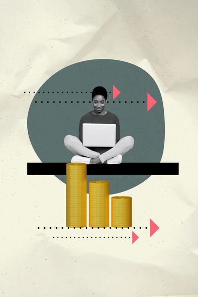Person working on laptop above a declining bar chart with gold coins.