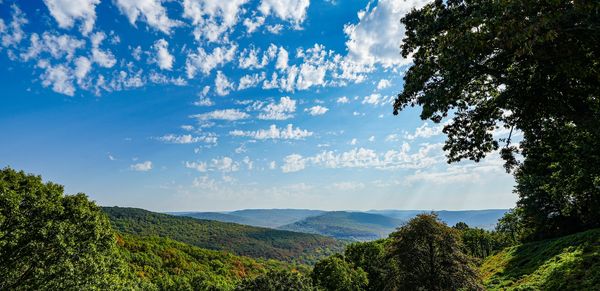 Clear blue sky with scattered clouds over lush green hills and trees.