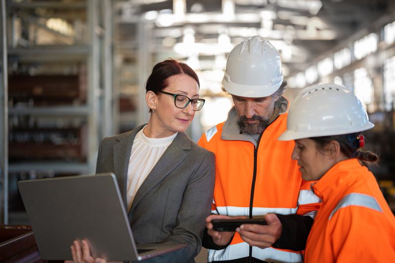 CEO manager and workers in high visibility jackets discussing in factory with laptop, exemplifying collaboration, safety, and modern industrial operations.