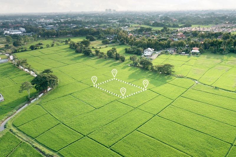 Land plot in aerial view. Gps registration survey of property, real estate for map with location, area. Concept for residential construction and development. Also home, house for sale, buy, purchase, investment.