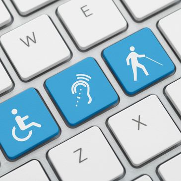 Image of a keyboard with white keys and three blue keys that have icons meaning help, sound, and nav