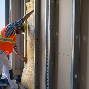 Construction worker installing insulation in a wall.