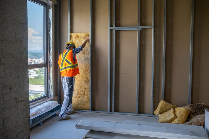 Drywall worker on a construction site. He is putting mineral wool on the wall. He is dressed in white and gray overalls, a blue plaid shirt, a yellow hard hat, and a reflective vest. He wears safety glasses and has a beard.