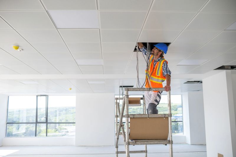 On a construction site in a spacious, well-lit hall with a suspended ceiling, an electrician in a blue checkered shirt, orange reflective vest, blue hard hat, and safety glasses is preparing cables for the installation of lighting fixtures. He is standing on a movable scaffold and reaching into an opening in the ceiling where cables are hanging. His focused actions emphasize his attention to detail as he prepares the cables for proper installation.