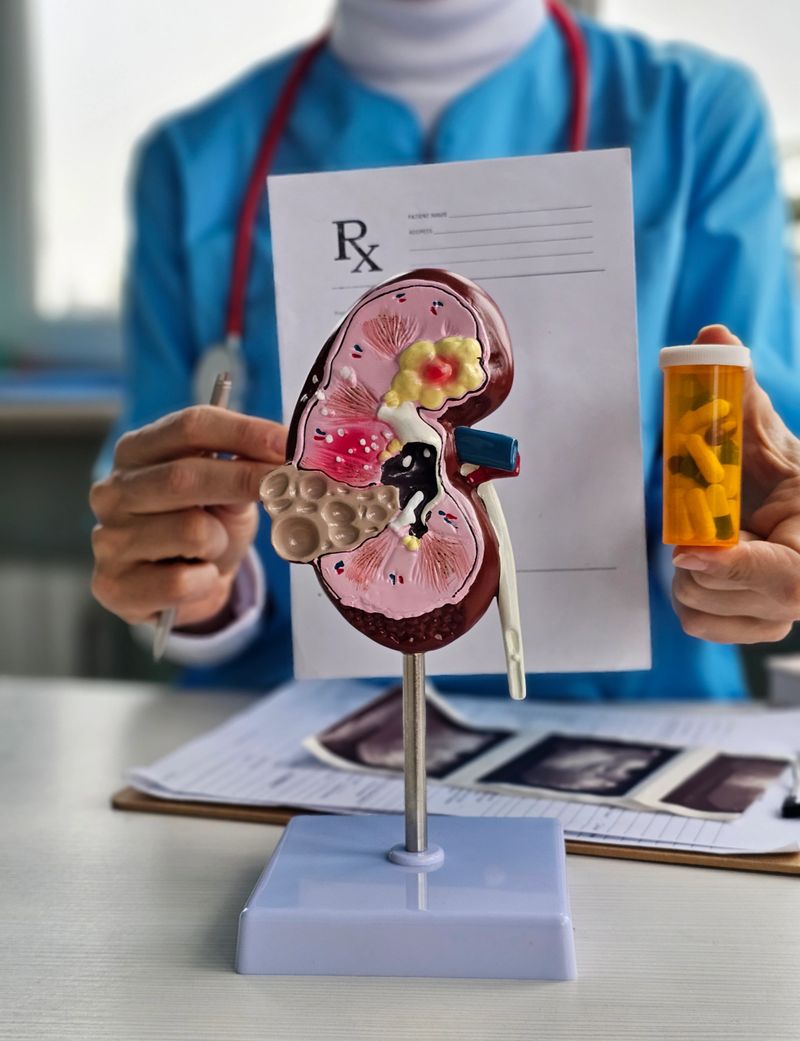 Doctor explains kidney function using model and medication in a clinical setting