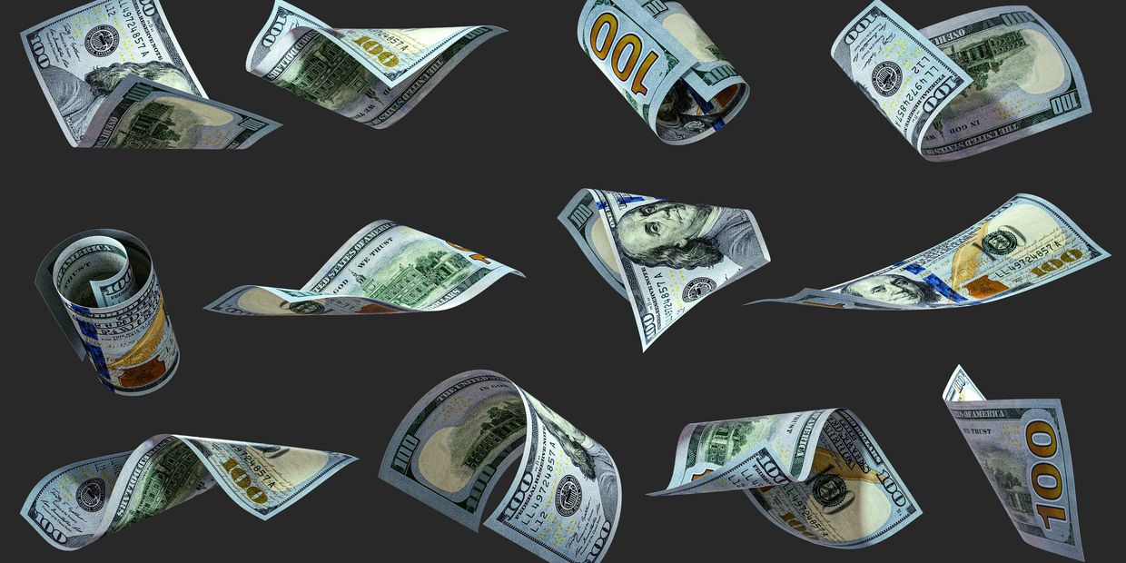 Several floating, curved $100 bills against a black background.