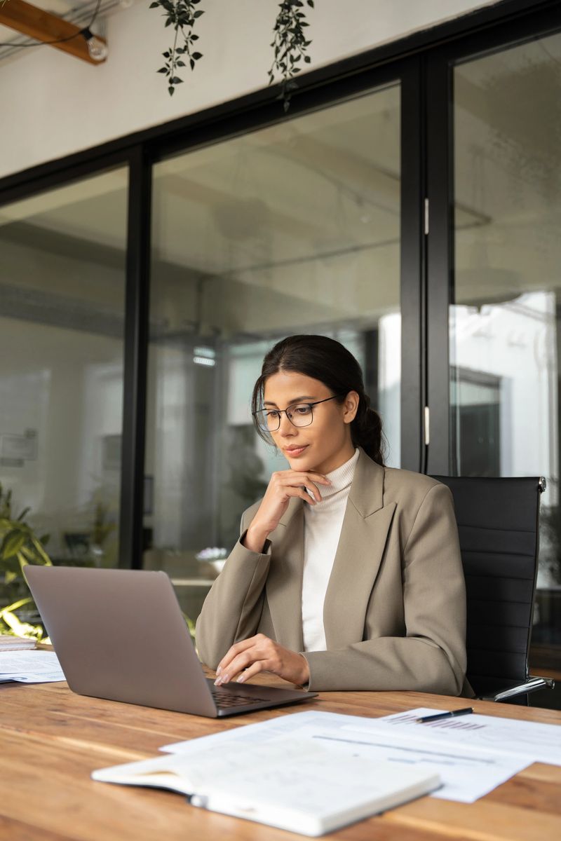 Focused professional financial it specialist latin hispanic business lady working on laptop pc sitting in office. Middle eastern indian woman using computer technology app for work online. Vertical