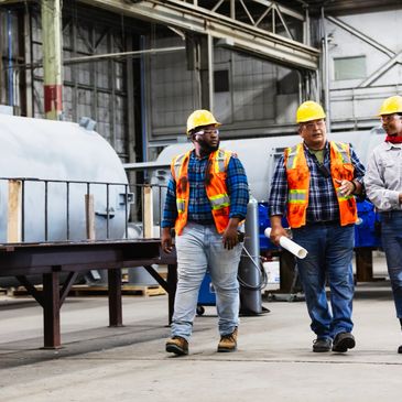 Three construction workers walking inside an industrial facility wearing safety gear.