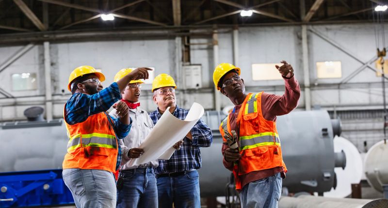 A multiracial and diverse group of four engineers working in a factory having a meeting. One of them, holding a set of blueprints, is an African-American woman. She and her three male coworkers are all looking up at something.