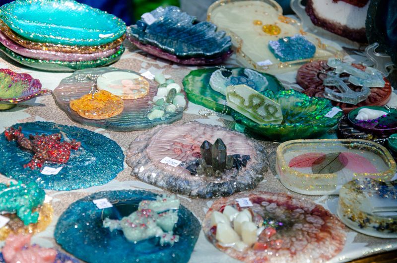 a showcase of souvenirs made of frozen resin