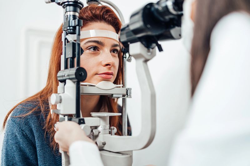 Beautiful young woman receiving ophthalmology treatment. Doctor ophthalmologist checking her eyesight with modern equipment.