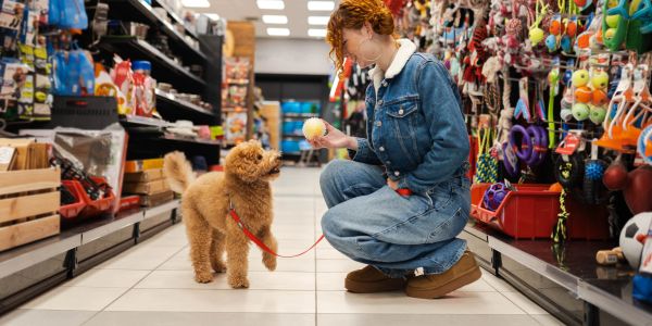 Person playing fetch with dog in pet store aisle.