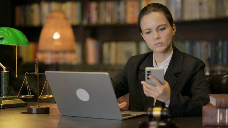 Young Female Lawyer Using Phone with Laptop