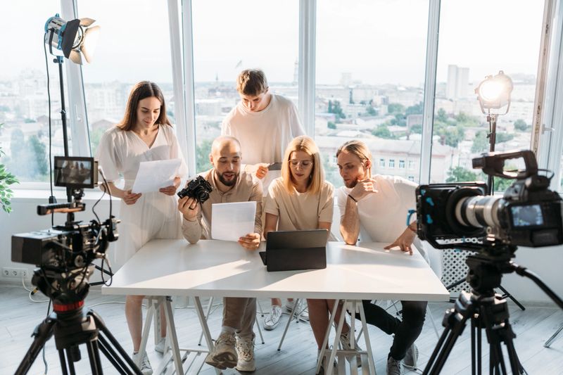 Team script. Media brainstorm. People working creative project in studio. Video shooting art collaboration model photographer director.