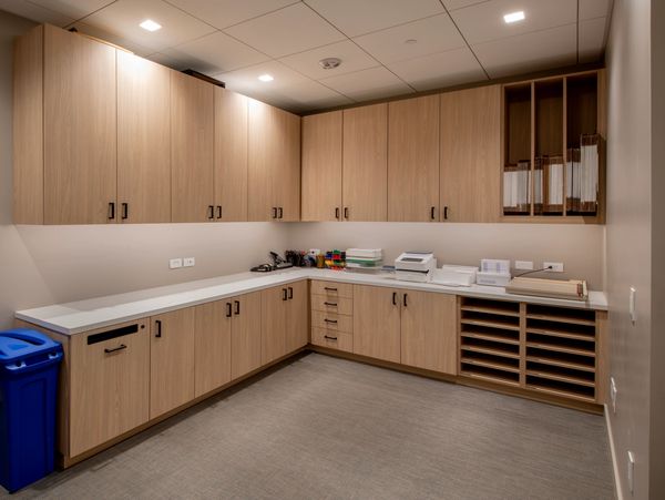 Organized room with wooden cabinets and office supplies.