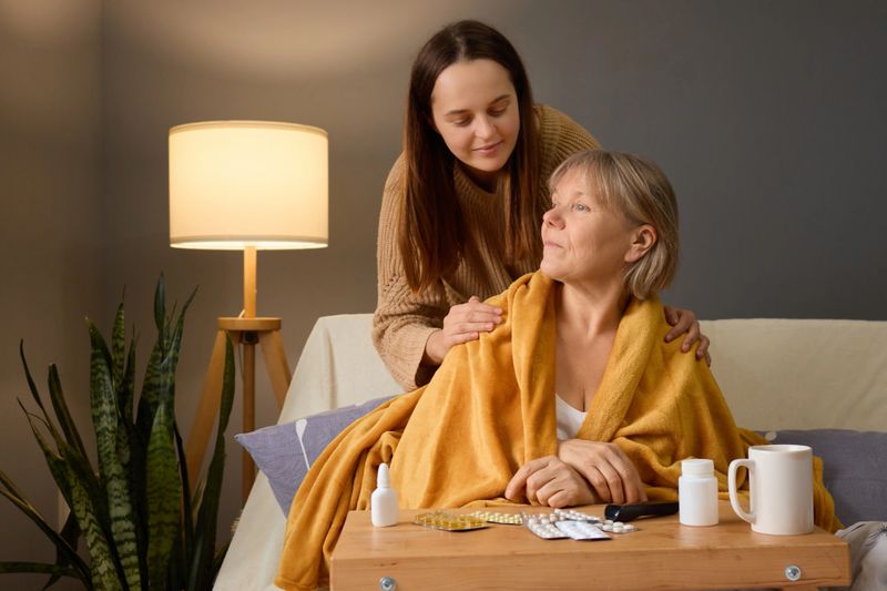 In a warm living room, a young woman gently reassures an older woman who is wrapped in a blanket. Soft light from a lamp creates a comforting atmosphere, suggesting care and support.