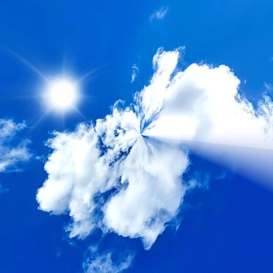 Bright sun with clouds distorted to a swirl in a blue sky.