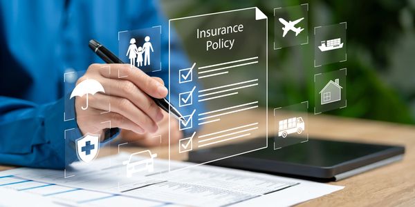 Person reviewing insurance policy with icons representing family, health, car, travel, and home insurance.