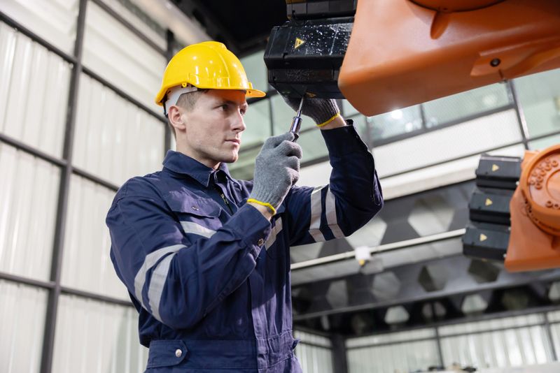 A skilled technician in a safety helmet and gloves works diligently on repairing a robotic arm in a busy manufacturing facility