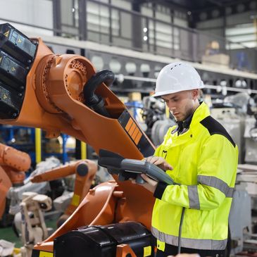A man in yellow jacket holding a tablet.