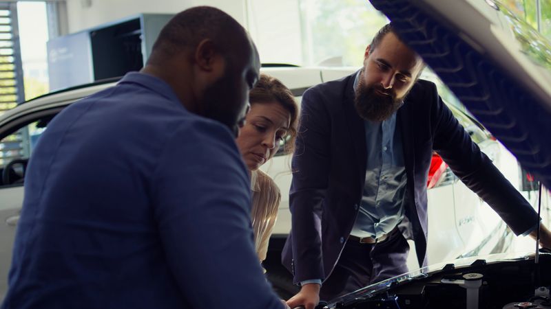 Friendly car salesman showing components under car hood to customers, demonstrating engine power. Agent helping customers choose automobile, presenting parts used to make vehicle, camera B