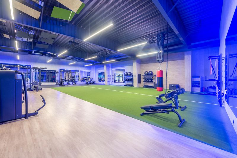 Spacious modern gym featuring a variety of fitness equipment, functional workout areas, and vibrant artificial grass flooring for dynamic exercises and personal training activities.