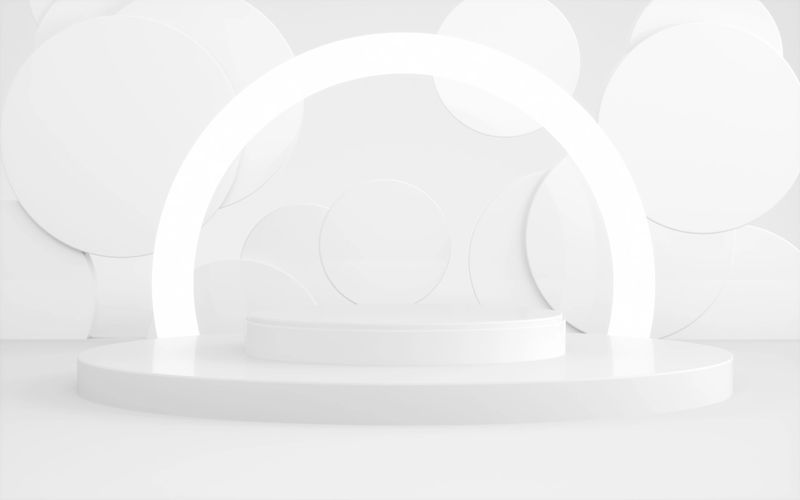3d Render Minimalist Abstract Empty White Color Room and Neon Light Ring Above Cylinder Product Podium, Flying Cylinders in the Background, cosmetics, brand Promotion, products, advertising presentation Concept, cosmetics, brand Promotion, products, advertising presentation Concept (close-up)
