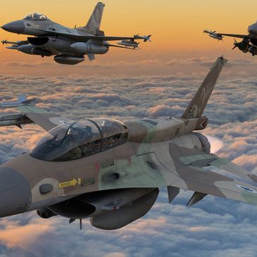 Fighter jets flying over clouds at sunset.