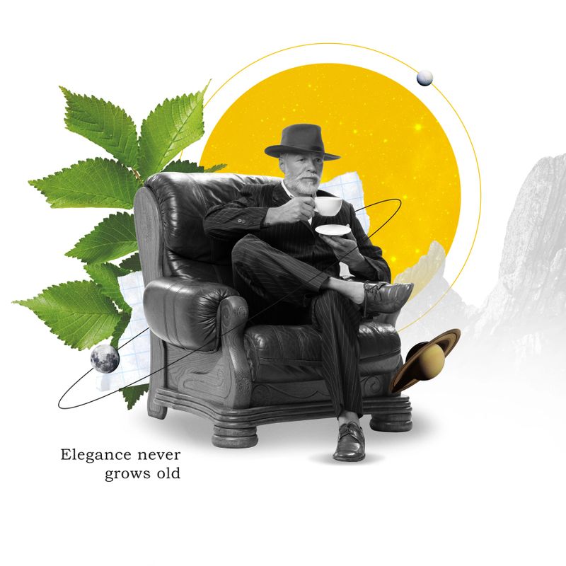 Elderly man in stylish suit and hat sitting in leather armchair, sipping tea, surrounded by bright abstract and floral elements. Creative art collage. Concept of elderly lifestyle, wellness