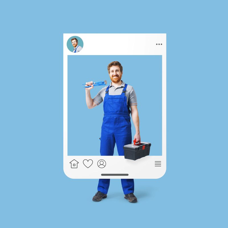 Smiling plumber holding tools and standing inside a social media post frame, he is promoting his work, plumbing service and communication concept