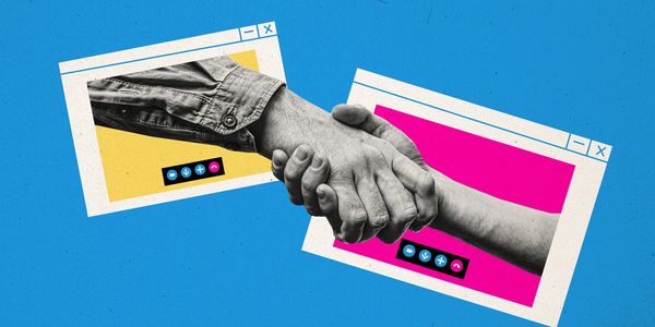 Two hands shaking through video call windows on colorful backgrounds.